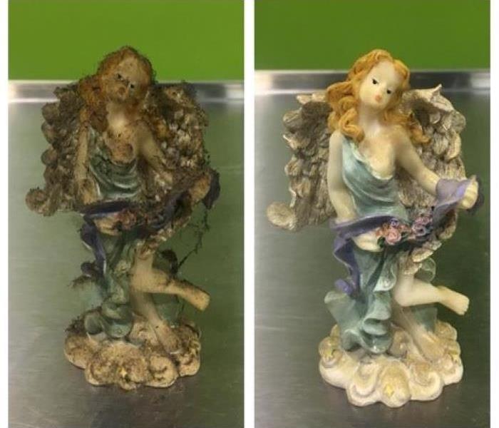 before and after of soot damaged porcelain figurine