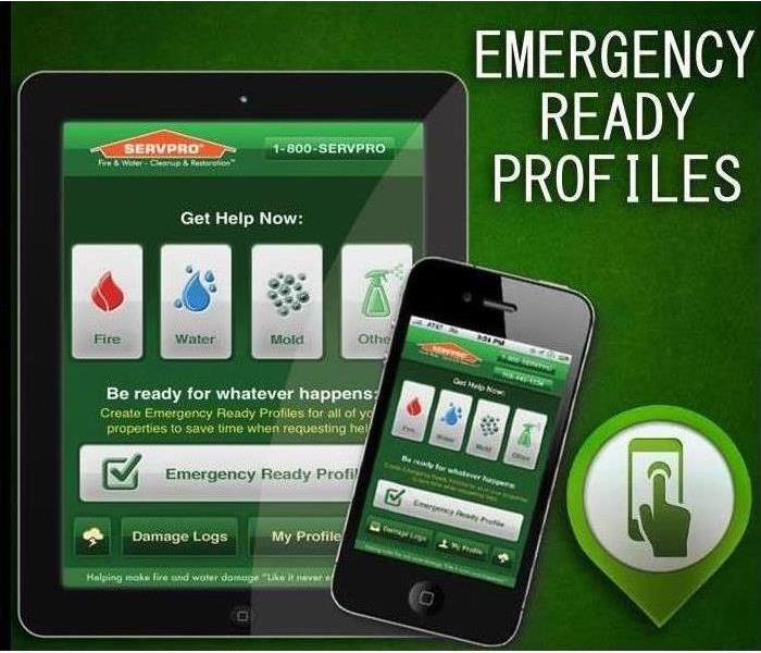 cell phone and ipad showing servpro emergency ready plan app